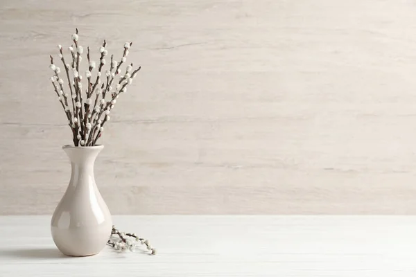 Beautiful Pussy Willow Branches Vase White Wooden Table Space Text — Stock fotografie