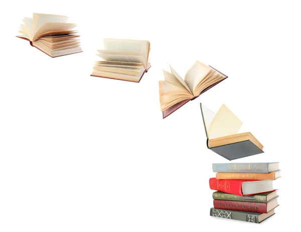 Staplade Och Flygande Böcker Vit Bakgrund Collage — Stockfoto