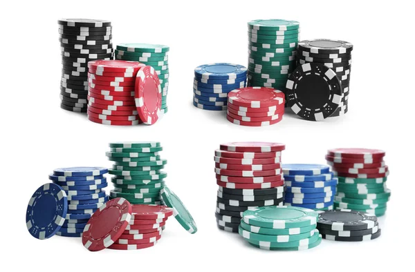 Set Stacks Different Casino Chips White Background Poker Game — Stock Photo, Image