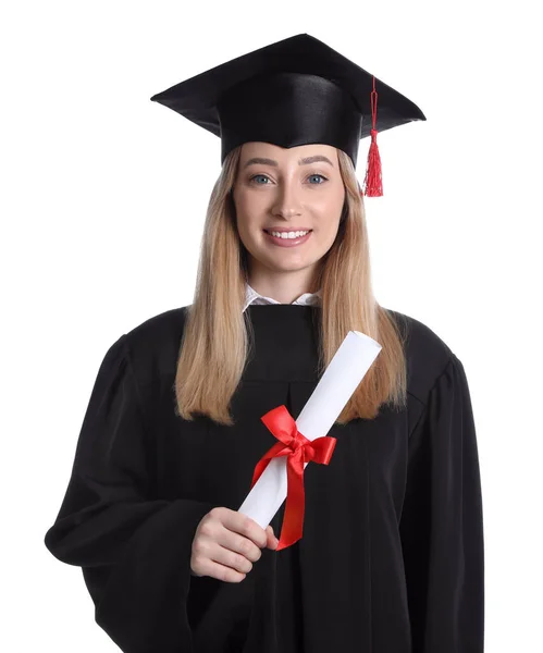 Gelukkige Student Met Diploma Witte Achtergrond — Stockfoto