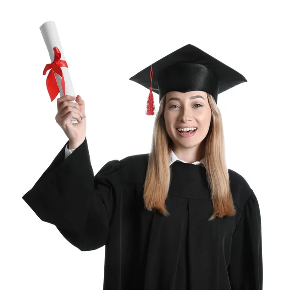 Glückliche Studentin Mit Diplom Auf Weißem Hintergrund — Stockfoto