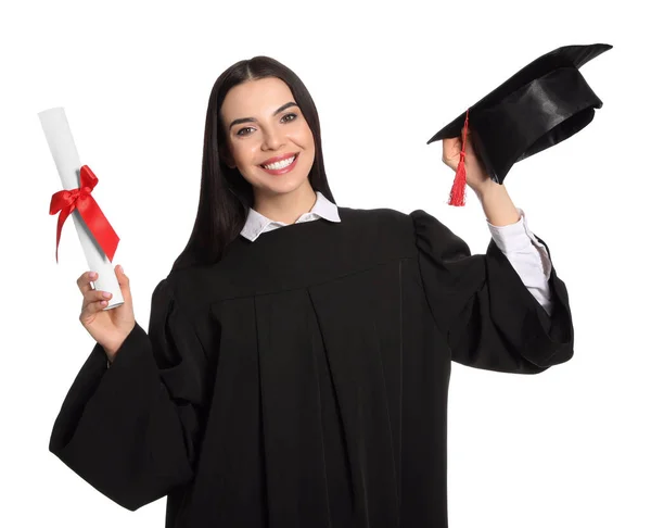 Estudante Feliz Com Chapéu Formatura Diploma Fundo Branco — Fotografia de Stock