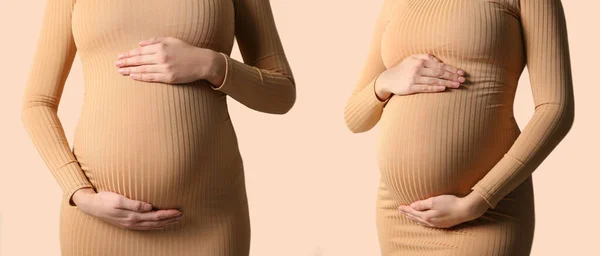 Collage Photos Pregnant Woman Touching Her Belly Beige Background Closeup — Stock Photo, Image