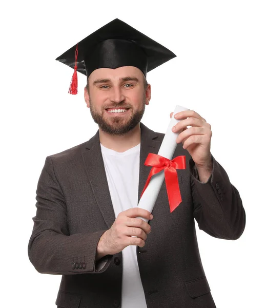 Gelukkige Student Met Afstuderen Hoed Diploma Witte Achtergrond — Stockfoto