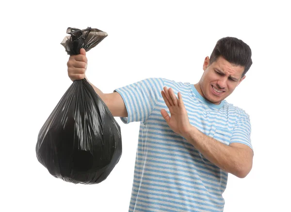 Homem Segurando Saco Lixo Completo Fundo Branco — Fotografia de Stock