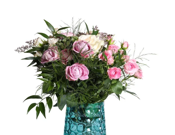 Bellissimo Bouquet Con Rose Sfondo Bianco Spazio Testo — Foto Stock