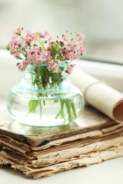 Όμορφη Forget Λουλούδια Και Παλιό Βιβλίο Για Περβάζι Παράθυρο — Φωτογραφία Αρχείου