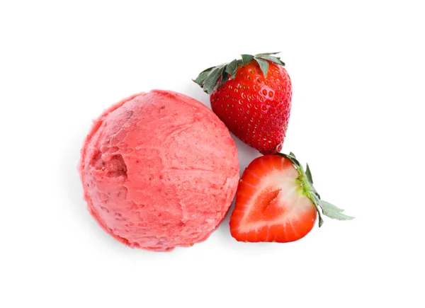 Scoop Delicioso Helado Con Fresas Sobre Fondo Blanco Vista Superior — Foto de Stock