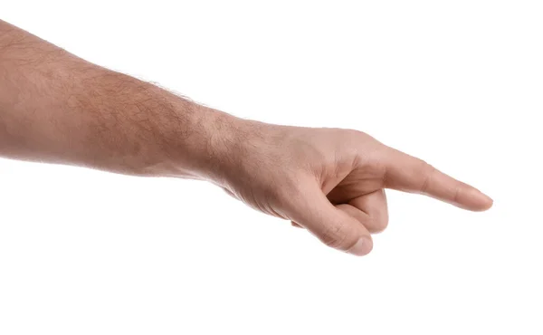 Mann Zeigt Mit Zeigefinger Auf Weißem Hintergrund Nahaufnahme — Stockfoto