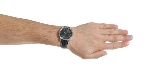 Homem Usando Relógio Pulso Luxo Fundo Branco Close — Fotografia de Stock