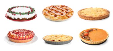 Beyaz arka planda farklı lezzetli turtalar. Pankart tasarımı