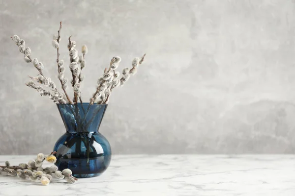 Beautiful Pussy Willow Branches White Marble Table Space Text — Stock fotografie