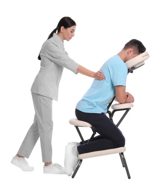Man Receiving Massage Modern Chair White Background — Stock Photo, Image