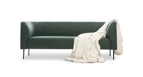 Cómodo Sofá Verde Con Manta Sobre Fondo Blanco Muebles Para —  Fotos de Stock