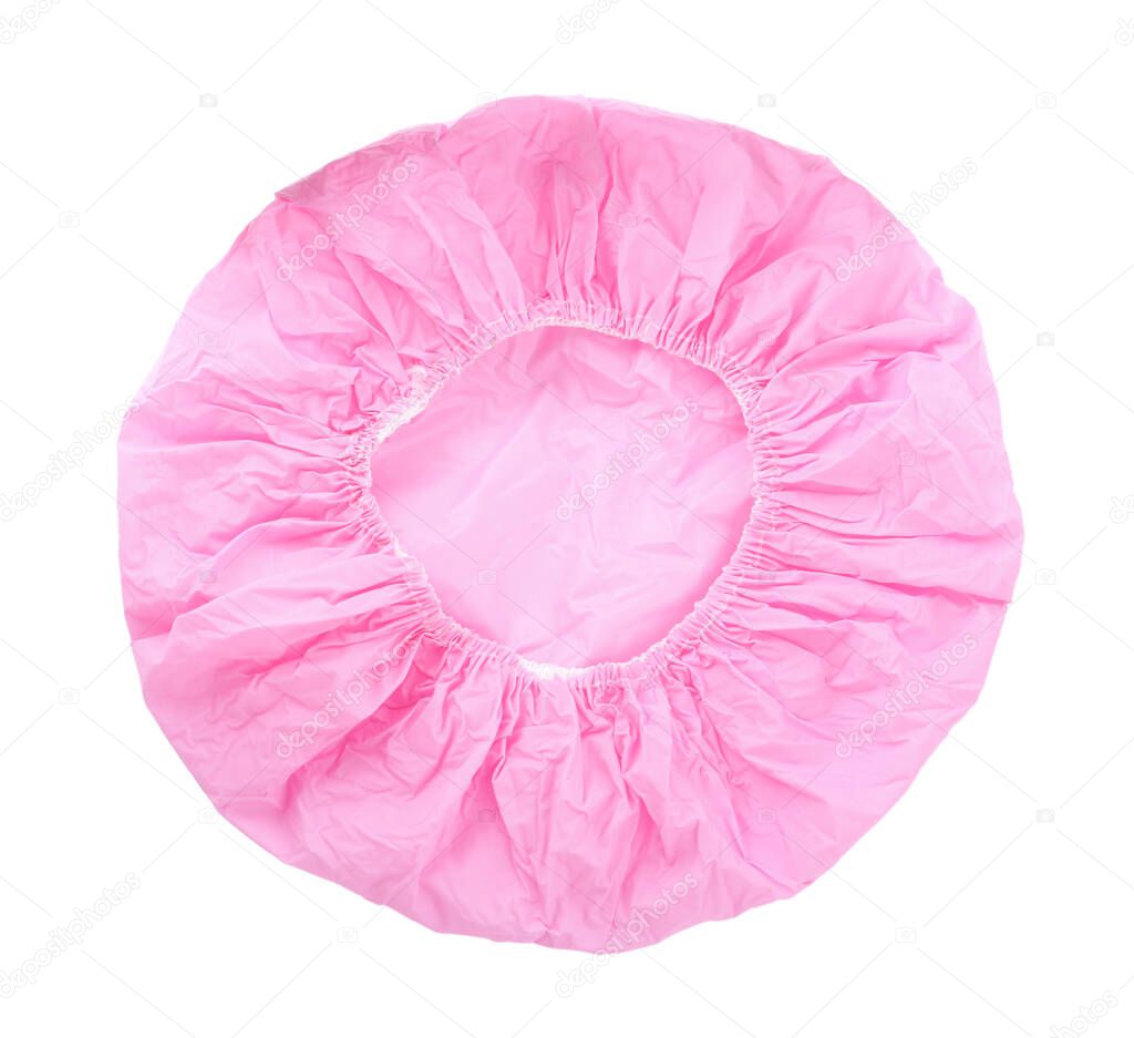 Pink shower cap isolated on white, top view