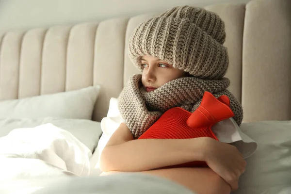 Ill Girl Hot Water Bottle Suffering Cold Bed Home — Stock Photo, Image