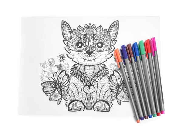 Coloriage Stress Stylos Feutre Sur Fond Blanc Vue Dessus — Photo