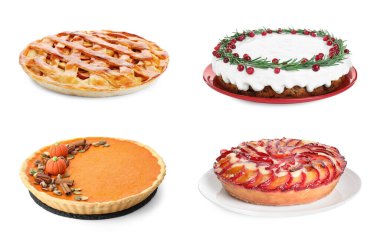 Beyaz arkaplanda farklı lezzetli turtalar.