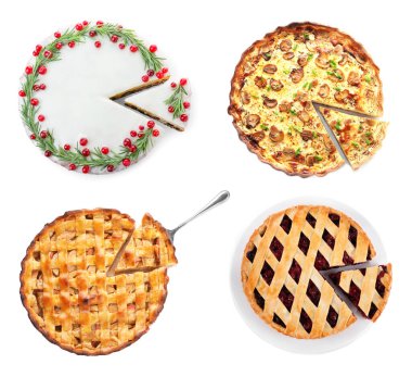 Beyaz arka planda farklı lezzetli turtalar ile set, üst görünüm