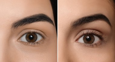Kirpik temizleme prosedüründen önce ve sonra kadın fotoğraflarıyla kolaj, yakın plan. Pankart tasarımı