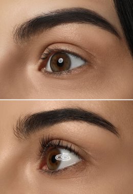 Kirpik temizleme işleminden önce ve sonra kadın fotoğraflarıyla kolaj, yakın plan