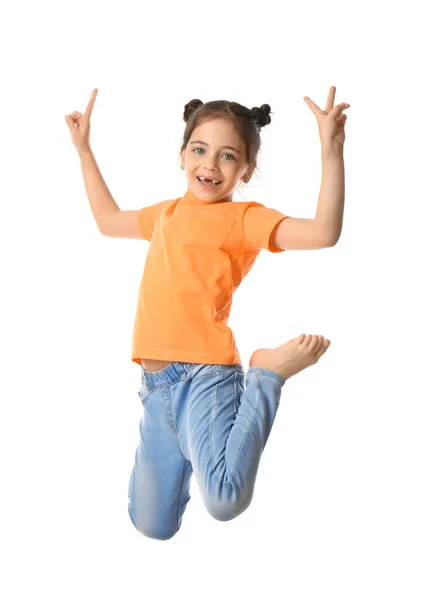 Милая Маленькая Девочка Прыгает Белом Фоне — стоковое фото