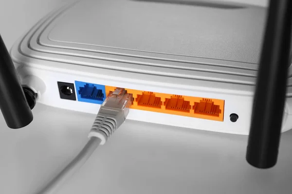 Connected Cable Router White Table Closeup Wireless Internet Communication — Stock Photo, Image