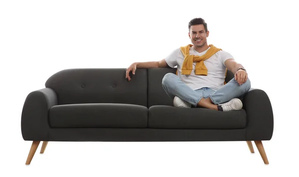 Man Relaxing Comfortable Grey Sofa White Background — Stock Photo, Image