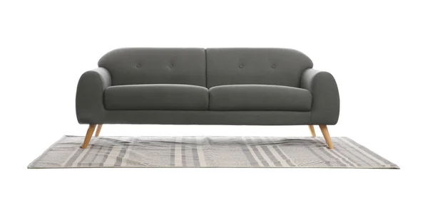 Bequemes Graues Sofa Und Teppich Auf Weißem Hintergrund Möbel Für — Stockfoto