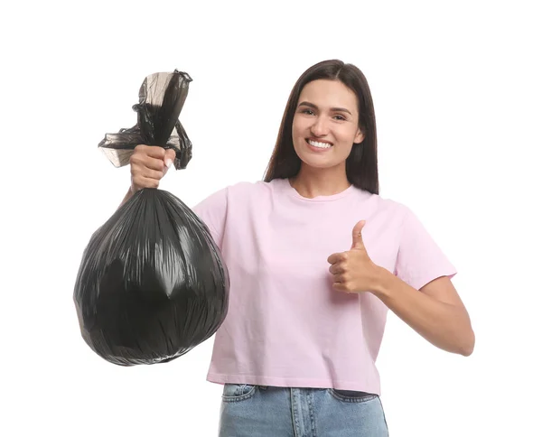 Γυναίκα Κρατώντας Πλήρη Σακούλα Σκουπιδιών Λευκό Φόντο — Φωτογραφία Αρχείου