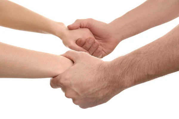 Man Woman Holding Hands White Background Closeup — Stock Photo, Image