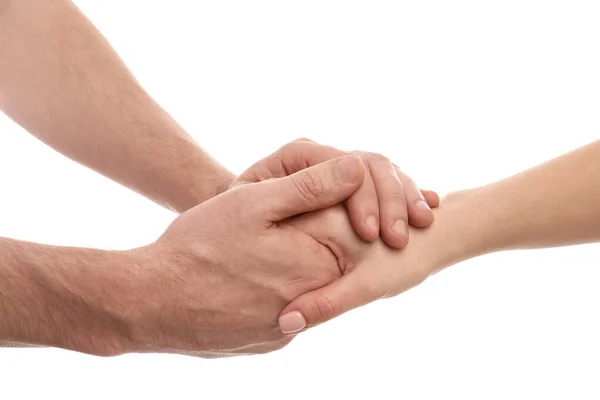 Man Woman Holding Hands White Background Closeup — Stock Photo, Image