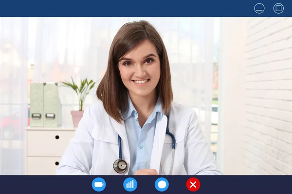 Pediatra Consulta Paciente Line Usando Vídeo Chat Clínica Vista Webcam — Fotografia de Stock