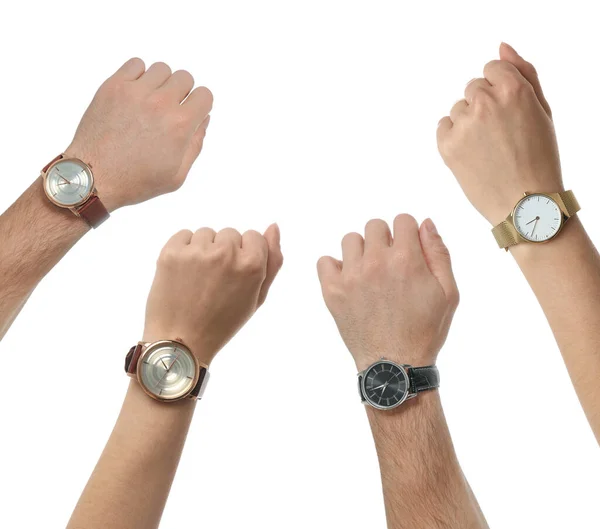 Collage Con Fotos Personas Con Relojes Pulsera Sobre Fondo Blanco — Foto de Stock