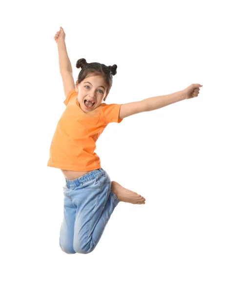 Cute Little Girl Jumping White Background — Stock Photo, Image