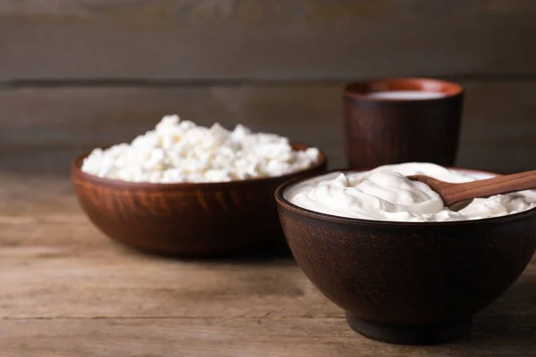 Clay Bowl Sour Cream Spoon Wooden Table Space Text — Stock Photo, Image