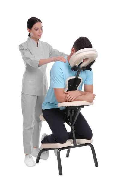 Man Receiving Massage Modern Chair White Background — Stock Photo, Image