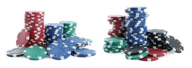 Beyaz arka planda farklı kumarhane çipleri, pankart tasarımı. Poker oyunu