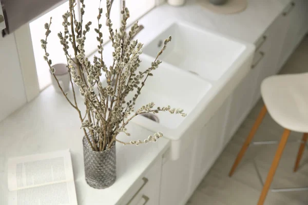 Beautiful Blooming Pussy Willow Branches Kitchen Space Text — Stock Photo, Image