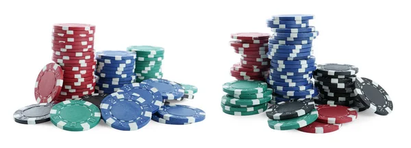 Set Met Stapels Van Verschillende Casino Chips Witte Achtergrond Banner — Stockfoto