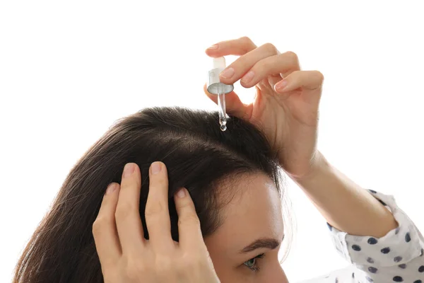 Woman Applying Oil Hair White Background Closeup Baldness Problem — Stock Photo, Image