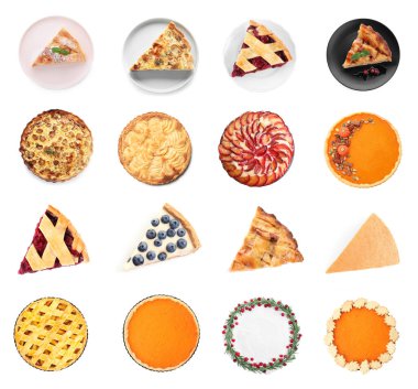 Beyaz arka planda farklı lezzetli turtalar ile set, üst görünüm