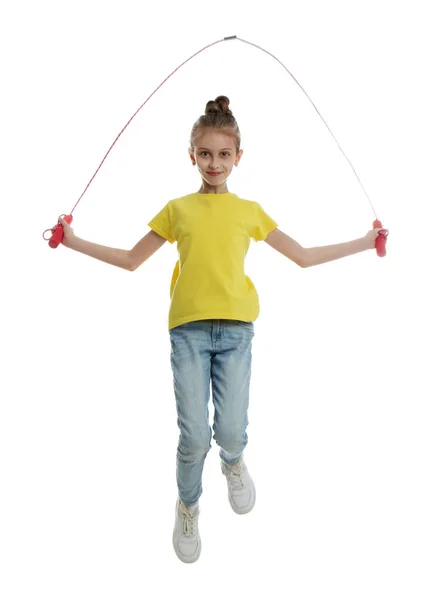 Menina Bonito Com Corda Salto Fundo Branco — Fotografia de Stock