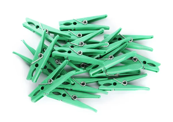 Green Plastic Clothespins White Background Top View — 스톡 사진