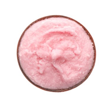 Bir kase pembe vücut fırçası beyaza izole edilmiş, üst manzara