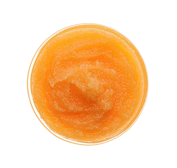 Cuenco Exfoliante Corporal Naranja Aislado Blanco Vista Superior —  Fotos de Stock