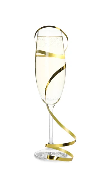 Glass Champagne Serpentine Streamer White Background — Stock Photo, Image