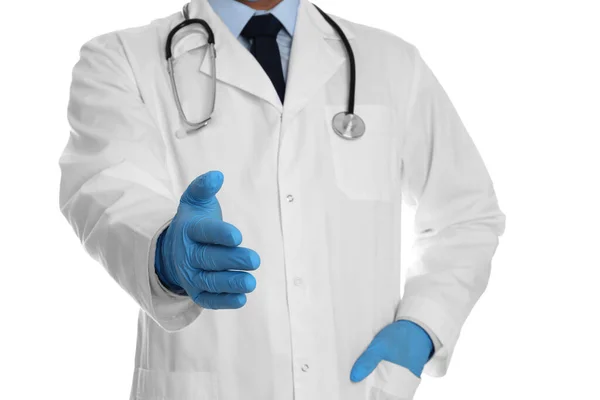 Doctor Gloves Offering Handshake White Background Closeup — Stock Photo, Image