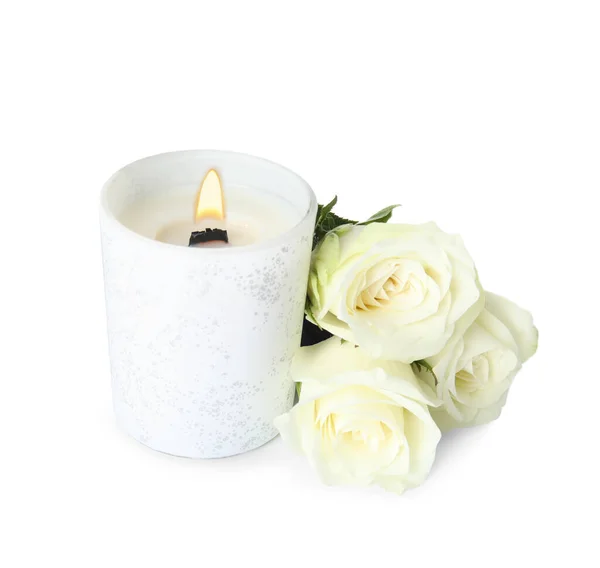 Bougie Aromatique Avec Mèche Bois Belles Fleurs Sur Fond Blanc — Photo