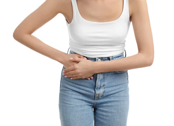 Woman Suffering Appendicitis Inflammation White Background Closeup — Stock Photo, Image